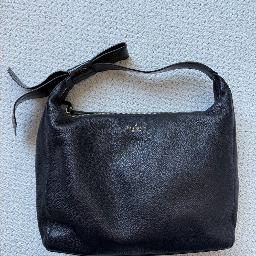 Kate Spade Black Pebbled Leather Hobo Bag with patent bow